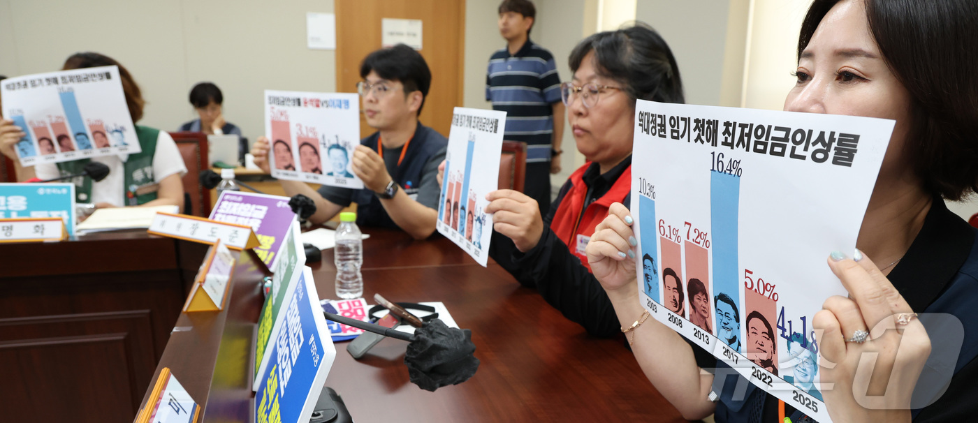 (세종=뉴스1) 김기남 기자 = 10일 세종시 정부세종청사 고용노동부에서 열린 최저임금위원회 제12차 전원회의에서 근로자위원들이 최저임금 인상률 손팻말을 들고 회의에 임하고 있다. …