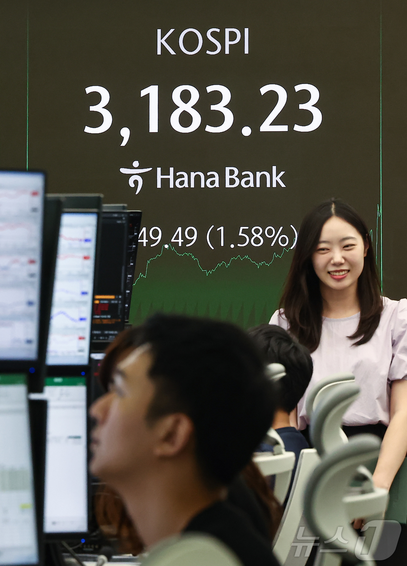 (서울=뉴스1) 김도우 기자 = 10일 오후 서울 중구 하나은행 본점 딜링룸 전광판에 증시가 표시되고 있다.이날 코스피는 전 거래일 대비 49.49포인트(1.58%) 상승한 318 …