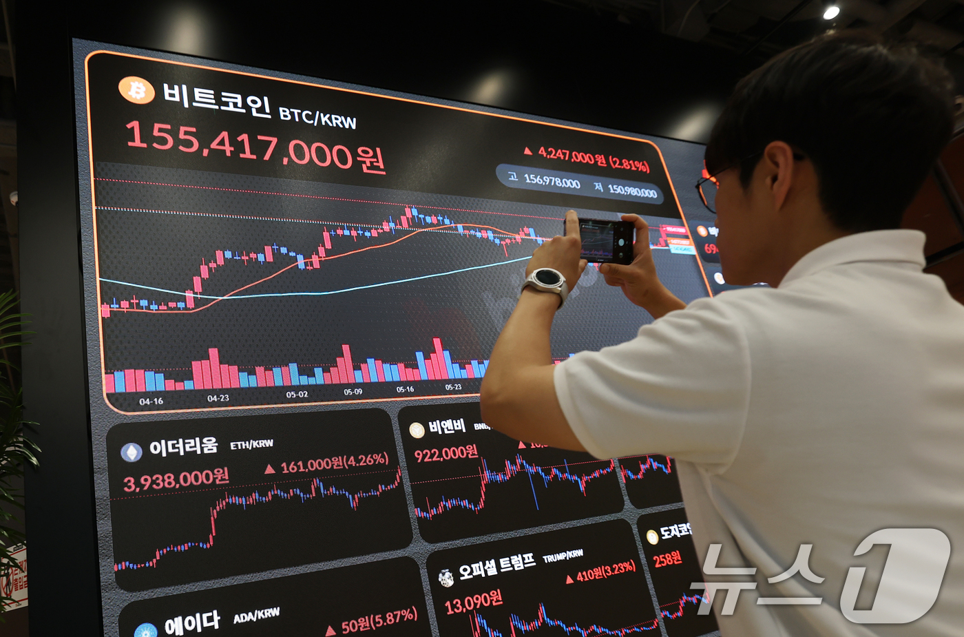 (서울=뉴스1) 오대일 기자 = 가상화폐 대장주 비트코인이 연일 신고가를 경신하는 가운데 11일 오전 서울 서초구 빗썸라운지 강남본점 전광판에 비트코인 거래 가격이 표시되고 있다. …
