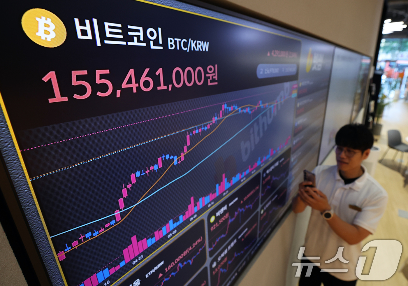 (서울=뉴스1) 오대일 기자 = 가상화폐 대장주 비트코인이 연일 신고가를 경신하는 가운데 11일 오전 서울 서초구 빗썸라운지 강남본점 전광판에 비트코인 거래 가격이 표시되고 있다. …