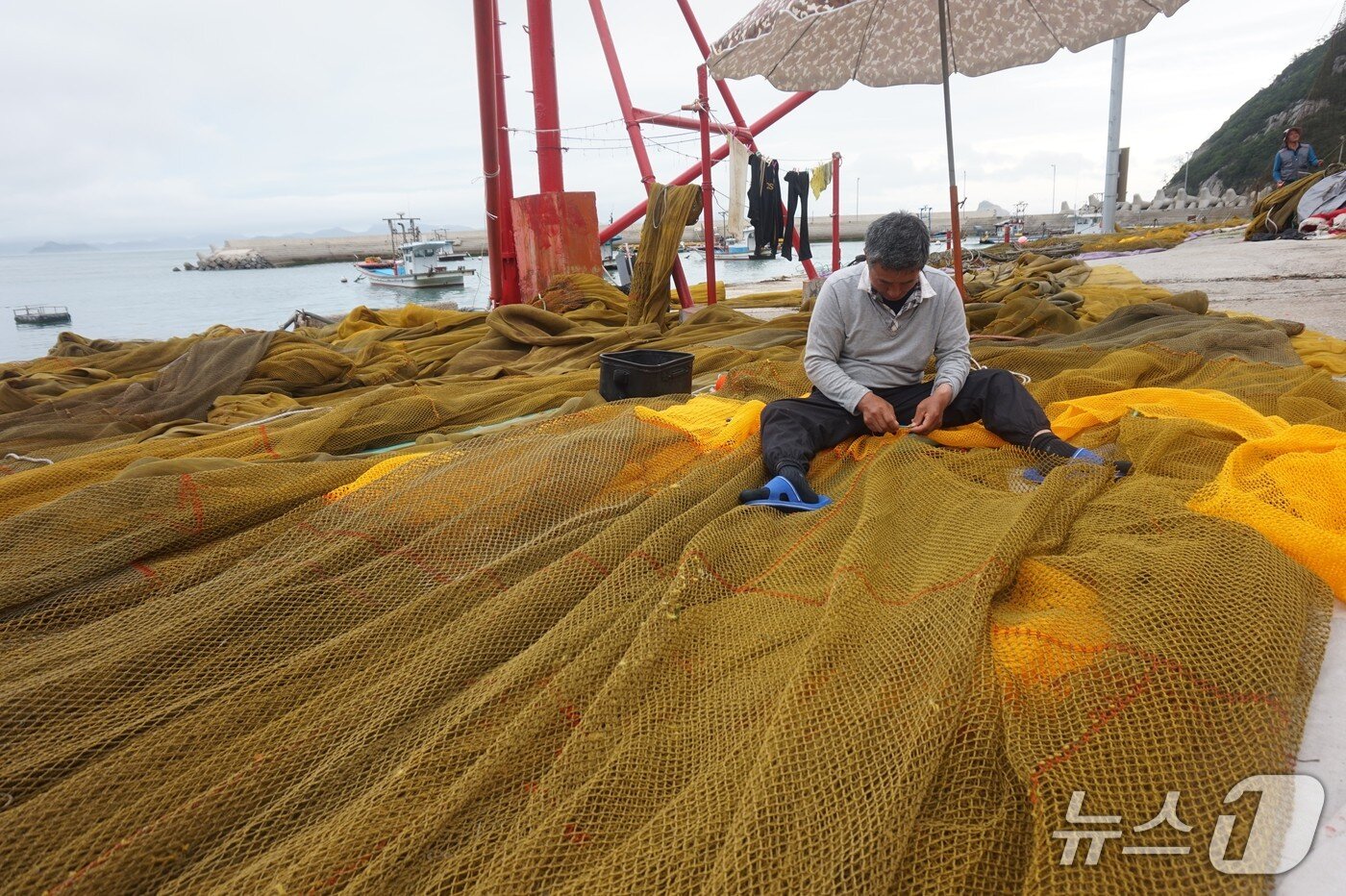 본문 이미지 - 멸치잡이 조업을 앞두고 죽항도 주민이 낭장망 그물코를 손질하고 있다.  2025.7.11/뉴스1 ⓒ News1 조영석 기자