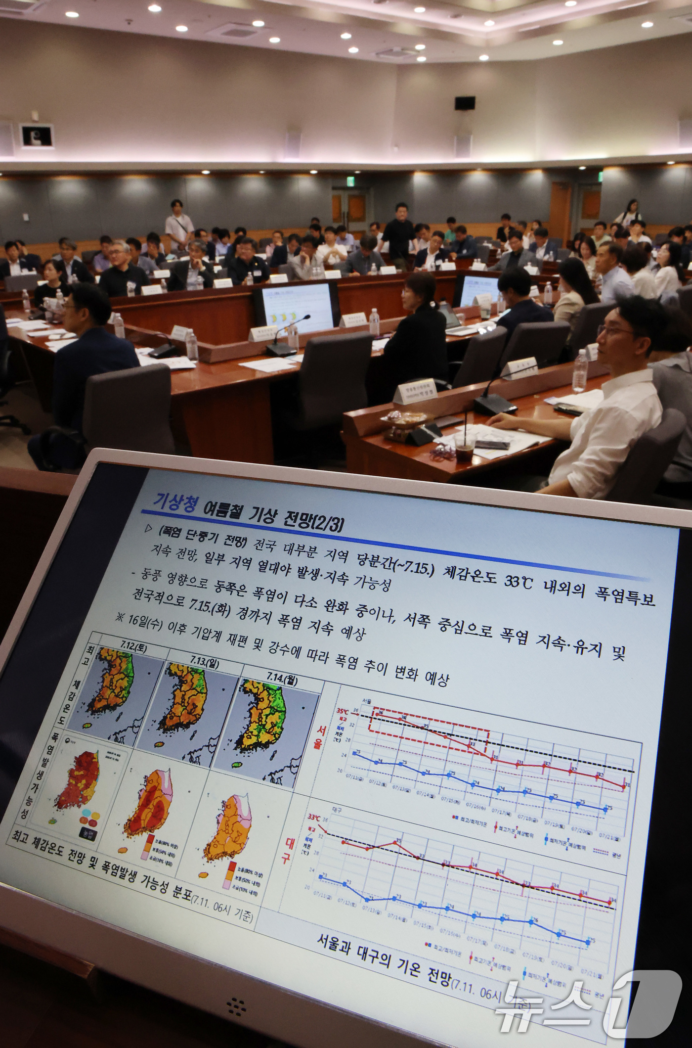 (서울=뉴스1) 임세영 기자 = 김광용 행정안전부 재난안전관리본부장 및 참석자들이 11일 오후 서울 종로구 정부서울청사 별관 국제회의장에서 열린 폭염대책 관계기관·전문가 합동토론회 …