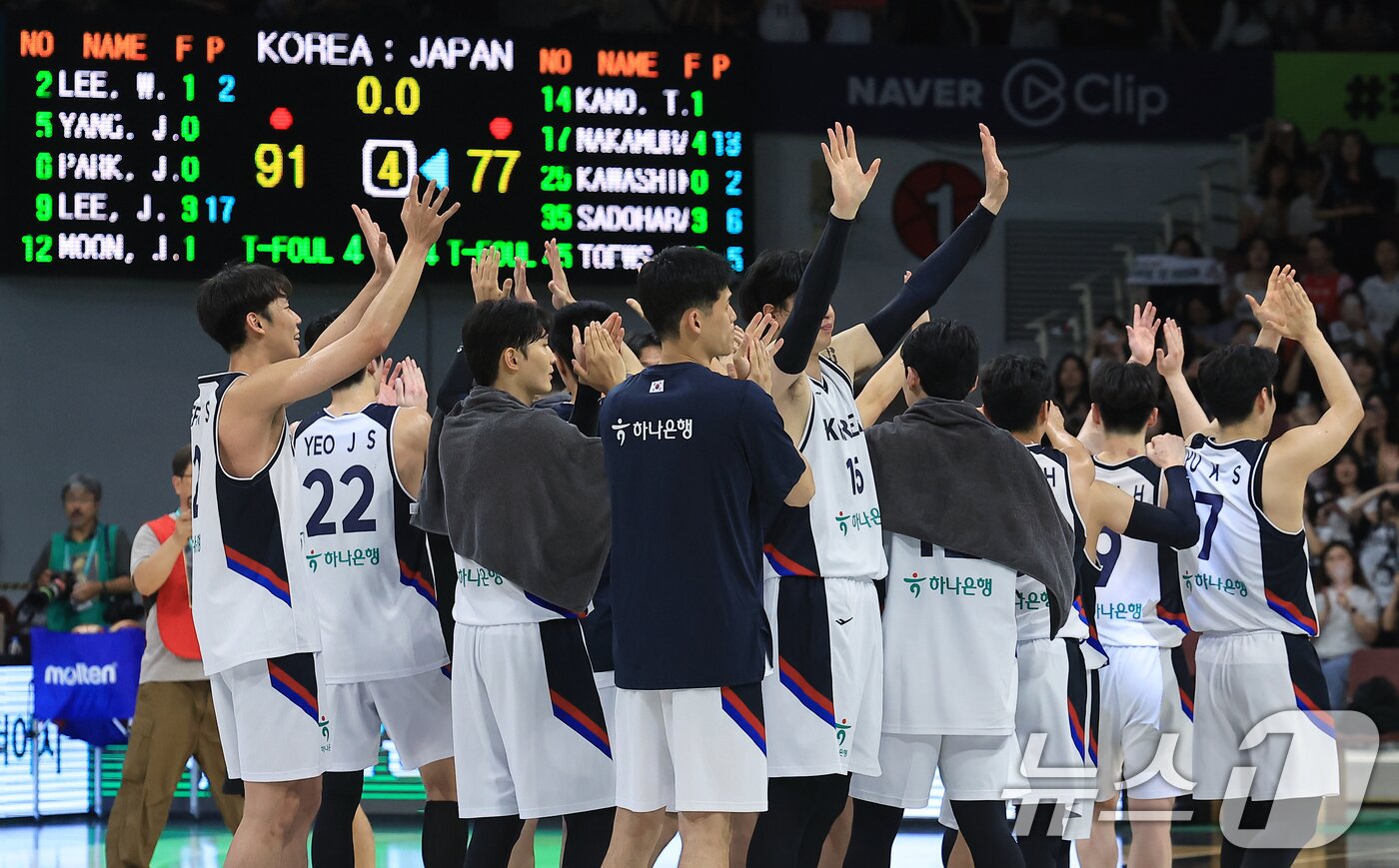 본문 이미지 - 11일 오후 경기도 안양 정관장 체육관에서 열린 하나은행 초청 2025 남자농구 국가대표 평가전 대한민국과 일본의 경기에서 91대 77로 승리한 대한민국 대표팀 선수들이 자축하고 있다. 2025.7.11/뉴스1 ⓒ News1 박정호 기자