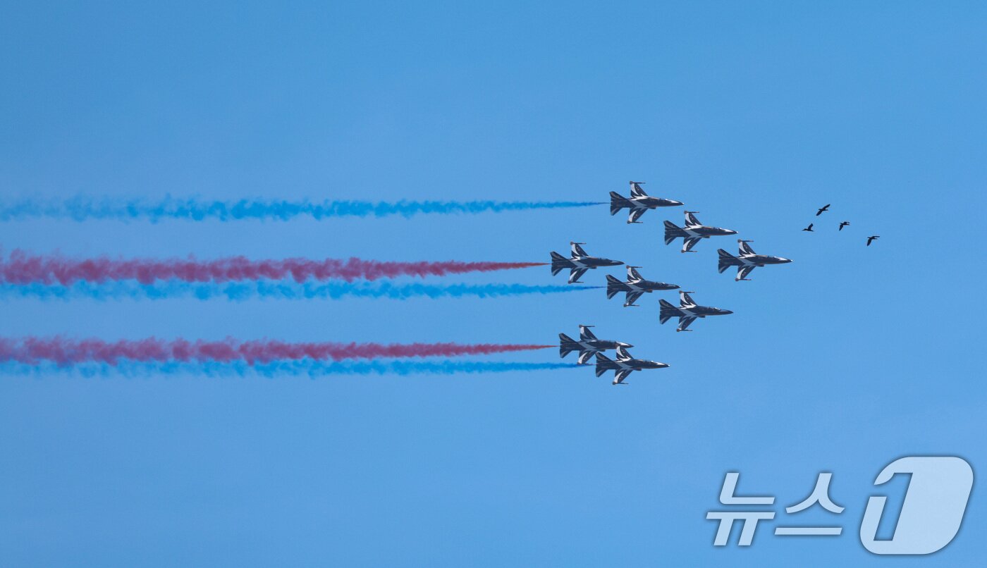 본문 이미지 - 12일 오전 서울 반포한강공원 일대에서 공군 특수비행팀 블랙이글스가 제1회 방위산업의 날 계기 시민 참여 페스티벌을 기념해 에어쇼를 펼치고 있다. 2025.7.12/뉴스1 ⓒ News1 신웅수 기자