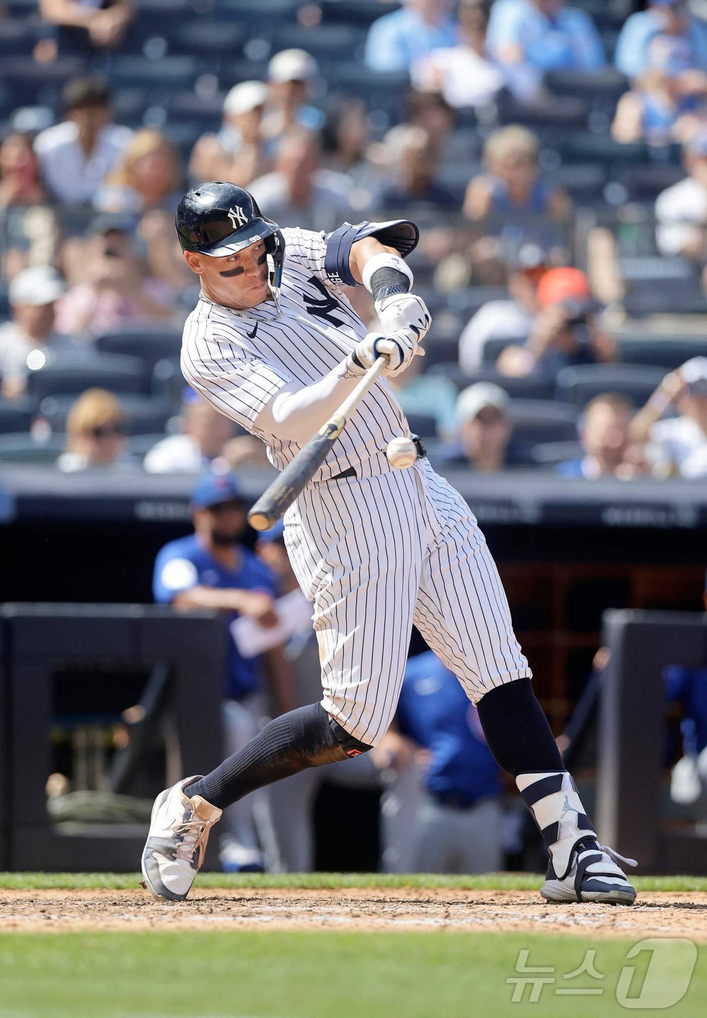 본문 이미지 - 뉴욕 양키스 애런 저지가 13일(한국시간) 열린 2025 메이저리그 시카고 컵스전에서 9회말 투런포를 터뜨려 개인 통산 350홈런을 달성했다. ⓒ AFP=뉴스1
