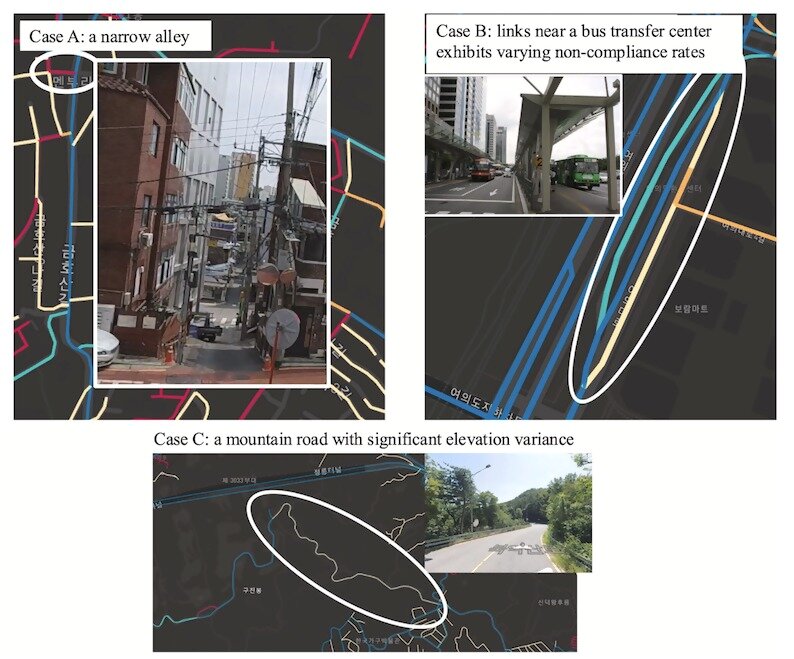 본문 이미지 - 카카오내비는 복잡한 골목길(Case A), 버스 환승센터 부근(Case B), 산간도로(Case C) 등  기존 내비게이션에서 자동으로 반영하지 못한 불편 구간을 실시간 경로 탐색에 반영한다. (카카오모빌리티 제공)