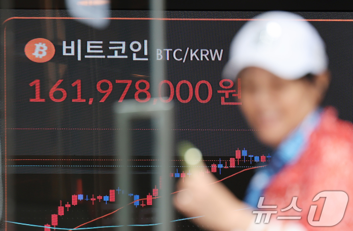 (서울=뉴스1) 장수영 기자 = 14일 오전 서울 서초구 빗썸라운지 전광판에 비트코인 가격이 표시되고 있다.'암호화폐 주간'을 맞아 비트코인이 신고가를 작성한 가운데 가상자산이 일 …