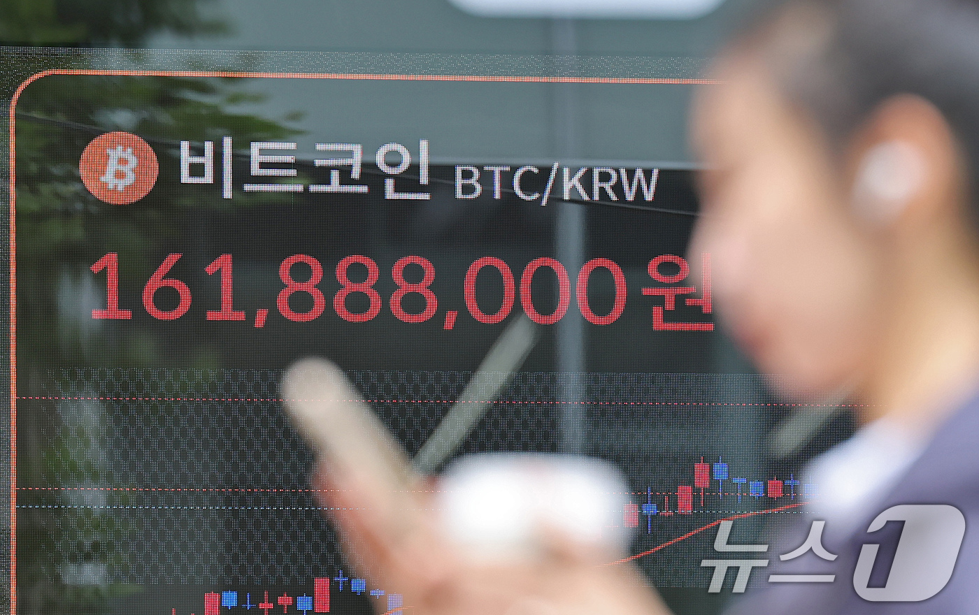 (서울=뉴스1) 장수영 기자 = 14일 오전 서울 서초구 빗썸라운지 전광판에 비트코인 가격이 표시되고 있다.'암호화폐 주간'을 맞아 비트코인이 신고가를 작성한 가운데 가상자산이 일 …