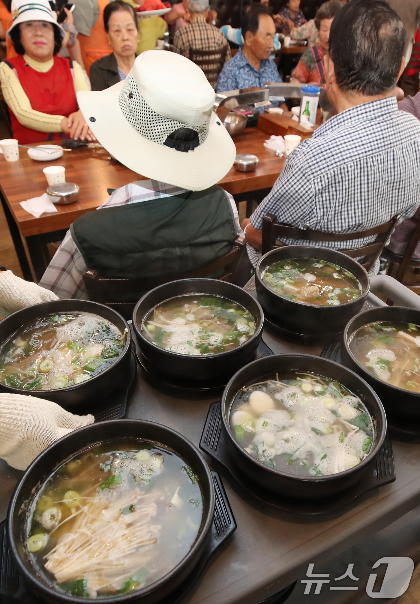 (대구=뉴스1) 공정식 기자 = 초복을 앞둔 14일 오전 대구 중구의 한 음식점에서 열린 '초복맞이 영약식 나눔 데이' 행사에서 각 기관 봉사자들이 어르신에게 갈비탕을 전달하고 있 …