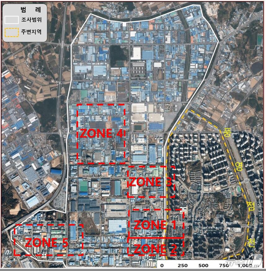 본문 이미지 - 하남산단 지하수 수질 기준 오염 농도가 높은 5개 존 위치도. 존 1은 하남산단 2~3번로, 존 2는 하남산단 1번로, 존 3은 하남산단 5번로, 존 4는 하남산단 5~7번로, 존5는 손재로 287번길. 2025.7.14/뉴스1 
