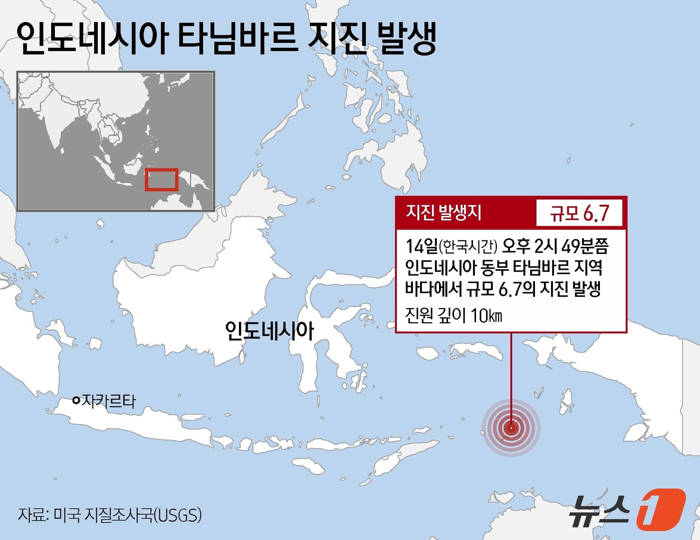(서울=뉴스1) 김지영 디자이너 = 14일(현지시간) 미국 지질조사국(USGS)에 따르면  인도네시아 동부 타님바르 지역 바다에서 규모 6.7의 지진이 발생했다.