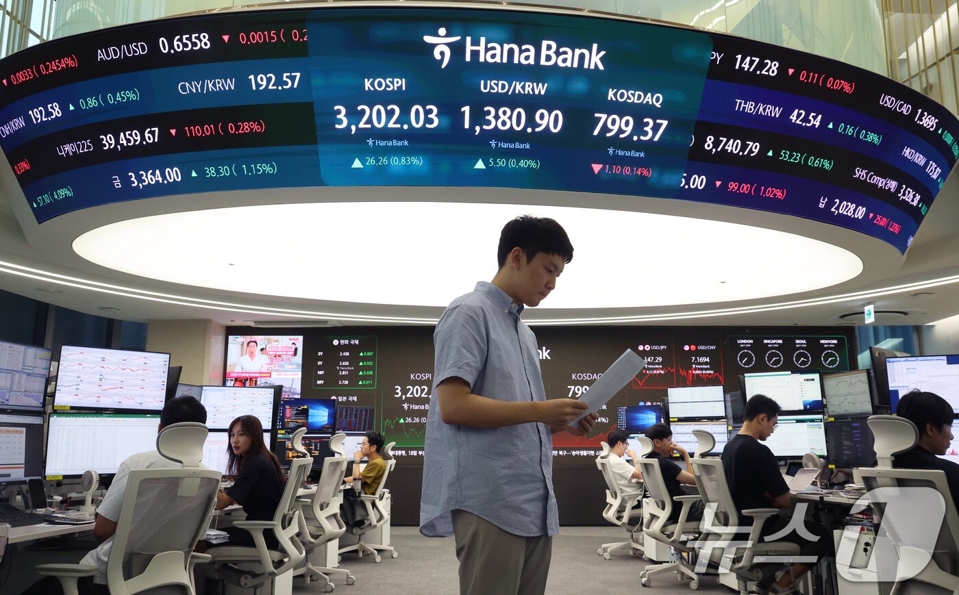 본문 이미지 - 서울 중구 하나은행 본점 딜링룸 전광판./뉴스1 ⓒ News1 황기선 기자