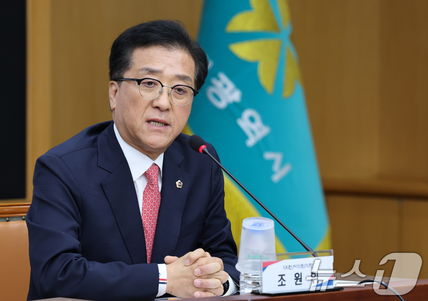(대전=뉴스1) 김기태 기자 = 조원휘 대전시의회 의장이 14일 대전시청 대회의실에서 열린 대전충남 행정통합 특별법(안) 증정식에서 발언하고 있다. 2025.7.14/뉴스1