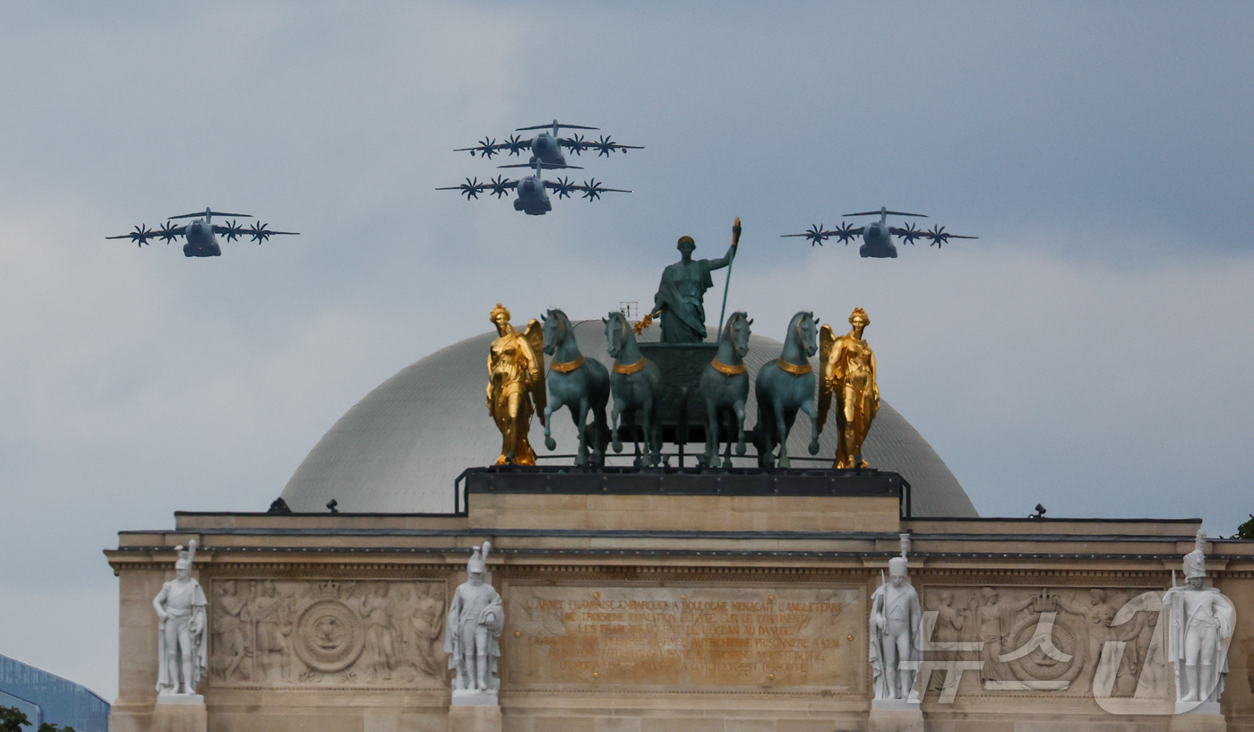 (파리=뉴스1) 이준성 기자 = 프랑스 혁명 기념일(바스티유 데이·Bastille Day)인 14일 오전(현지시간), 프랑의 정예 공군기들이 루브르 상공을 가로지르고 있다. 202 …