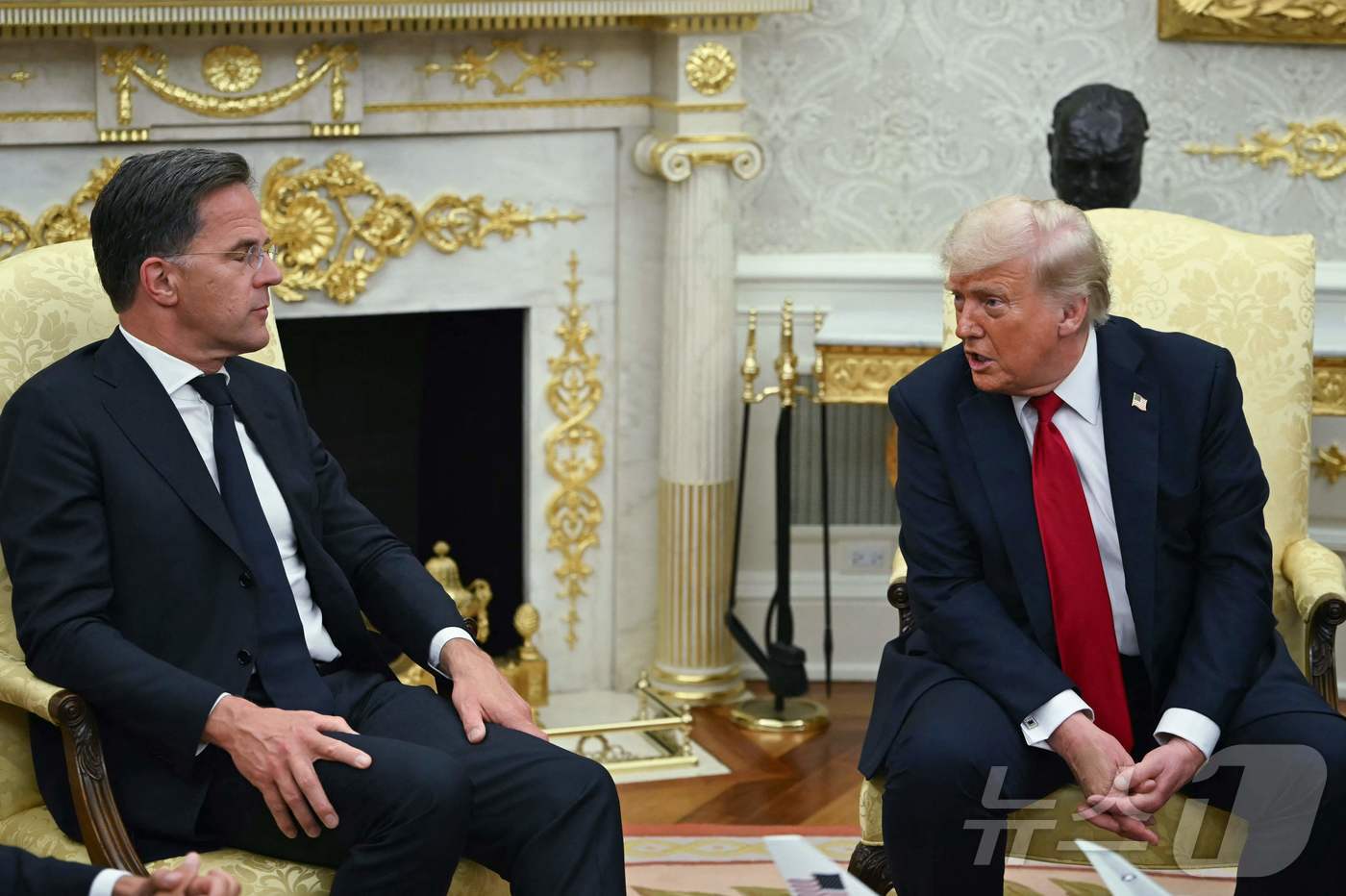 (워싱턴DC AFP=뉴스1) 류정민 특파원 = 도널드 트럼프 미국 대통령이 14일(현지시간) 워싱턴DC 백악관 오벌오피스에서 마르크 뤼테 북대서양조약기구(NATO, 나토) 사무총장 …