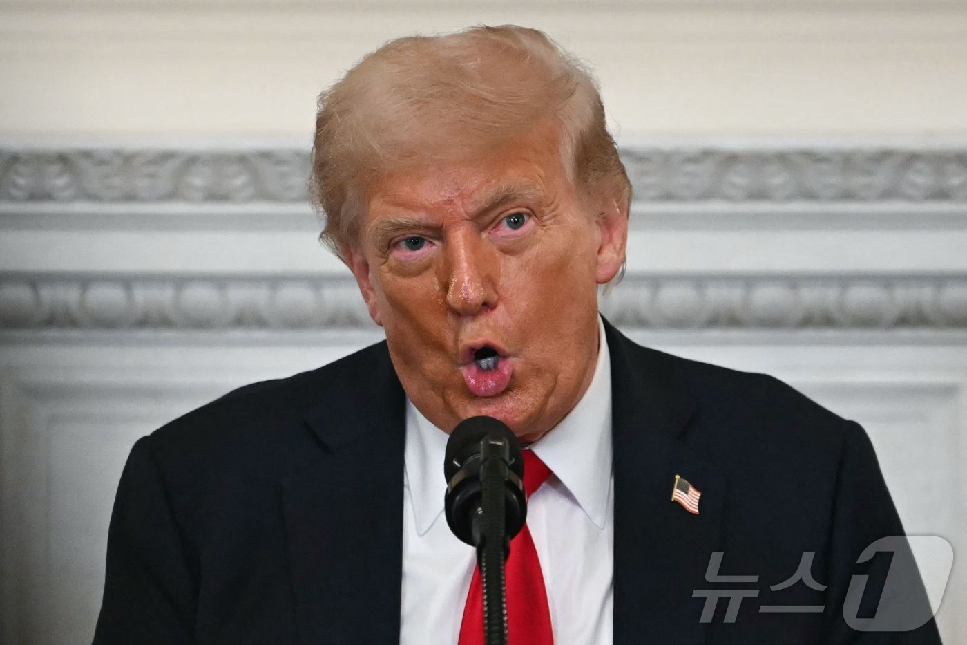 (워싱턴DC AFP=뉴스1) 류정민 특파원 = 도널드 트럼프 미국 대통령이 14일(현지시간) 워싱턴DC 백악관 국빈 식당에서 열린 백악관 신앙사무국(Faith Office) 오찬에 …