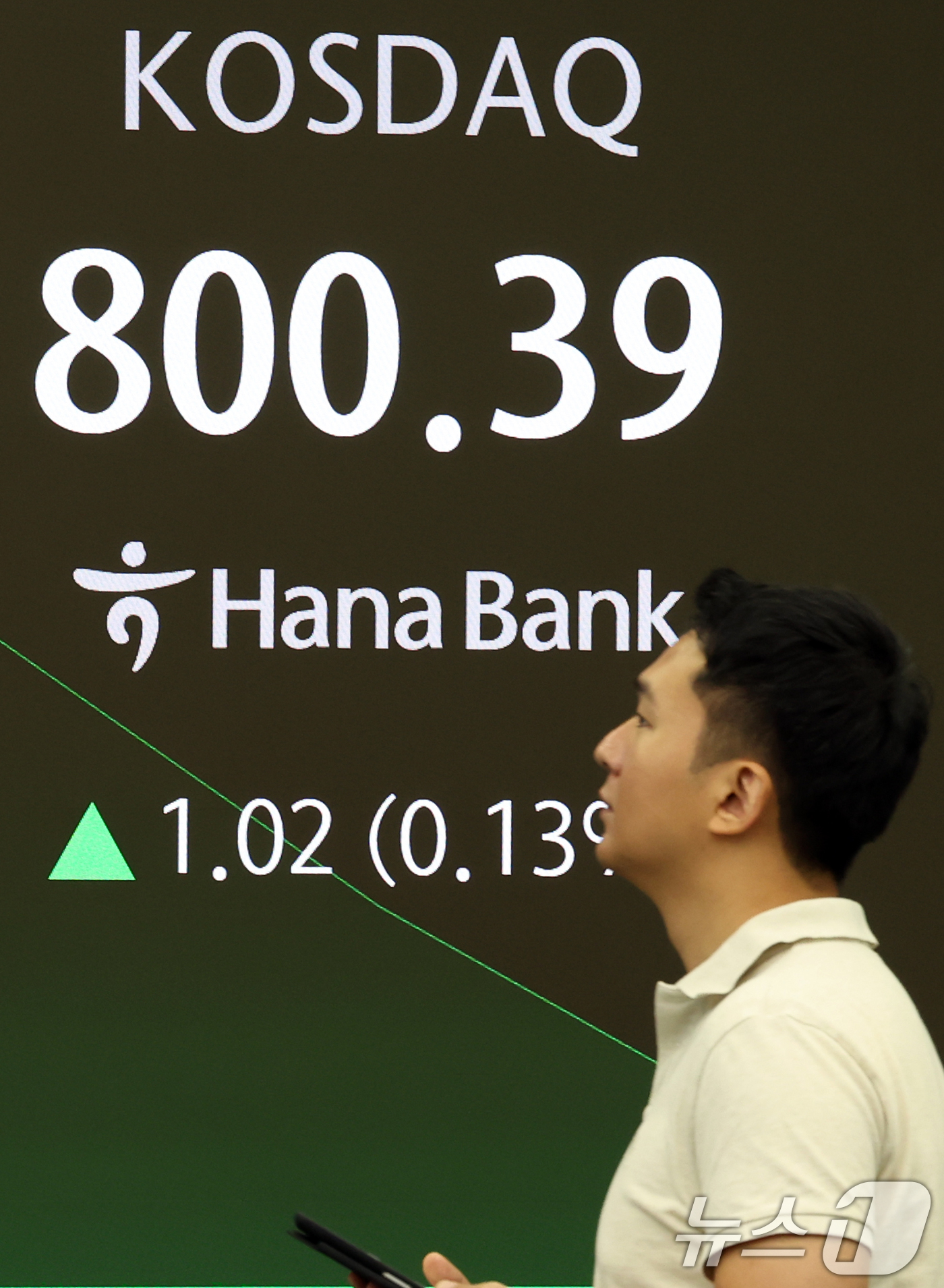 (서울=뉴스1) 김명섭 기자 = 15일 오전 서울 중구 하나은행 본점 딜링룸 전광판에 증시 코스닥 지수가 전 거래일 대비 1.02P(0.13%) 상승한 800.39를 나타내고 있다 …