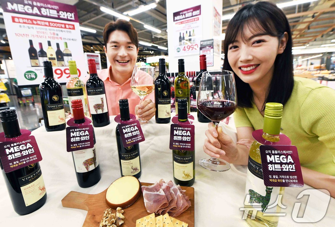 (서울=뉴스1) = 홈플러스는 초가성비 와인 시리즈 '빈야드' 론칭 10주년을 맞아 인기 품목 5종을 단독 판매한다고 15일 밝혔다.모델들이 15일 '홈플러스 메가 푸드 마켓 라이 …