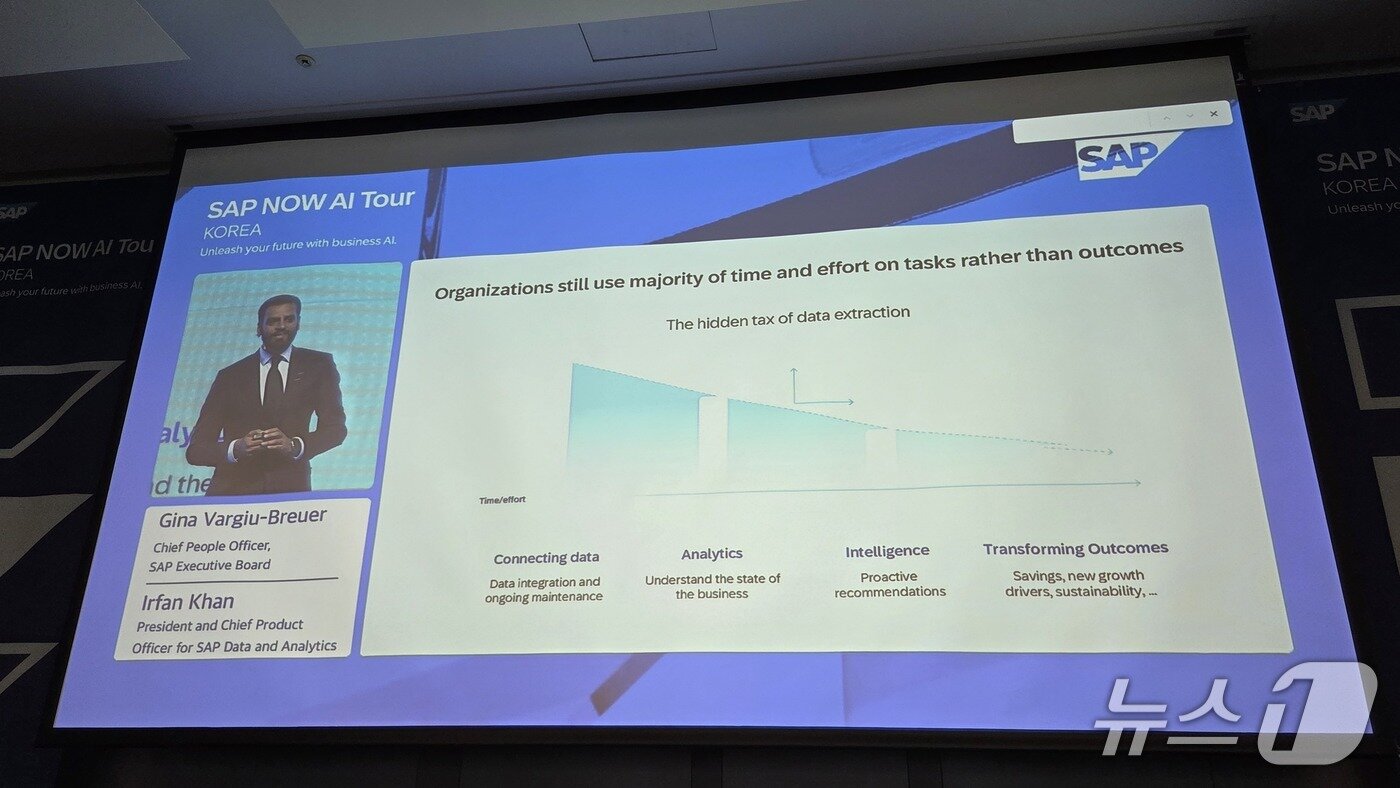 본문 이미지 - 이르판 칸 SAP HANA 데이터베이스·애널리틱스 사장 겸 최고제품책임자 SAP 나우 AI 투어 코리아 행사에서 발언하고 있다. 2025.7.15 뉴스1 ⓒ News1 김민석 기자