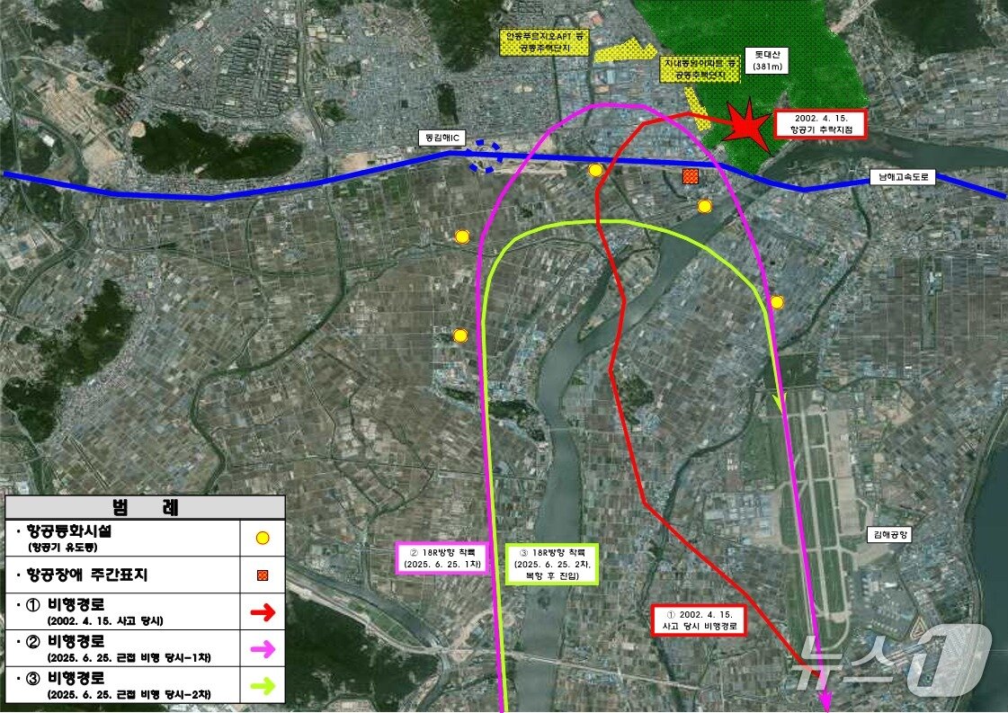 본문 이미지 - 2002년 중국 민항기 돗대산 추락 사고 당시 여객기 항로와 올해 6월 25일 대만발 여객기의 돗대산 근접 비행 항로.&#40;김해시 제공. 재판매 및 DB금지&#41;