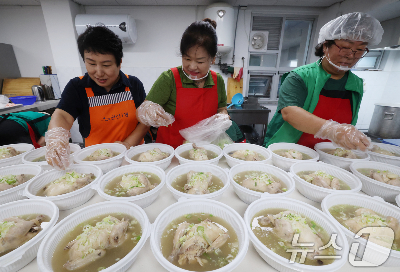 (수원=뉴스1) 김영운 기자 = 초복을 닷새 앞둔 15일 오전 경기 수원시 권선구 권선1동행정복지센터에서 새마을부녀회원들이 관내 어르신들께 전달할 삼계탕을 만들고 있다. 2025. …