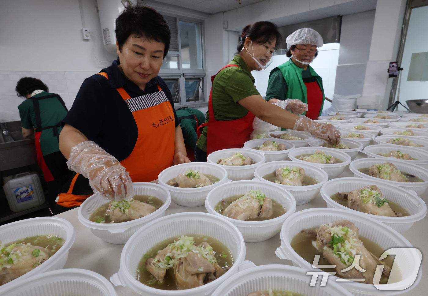 (수원=뉴스1) 김영운 기자 = 초복을 닷새 앞둔 15일 오전 경기 수원시 권선구 권선1동행정복지센터에서 새마을부녀회원들이 관내 어르신들께 전달할 삼계탕을 만들고 있다. 2025. …