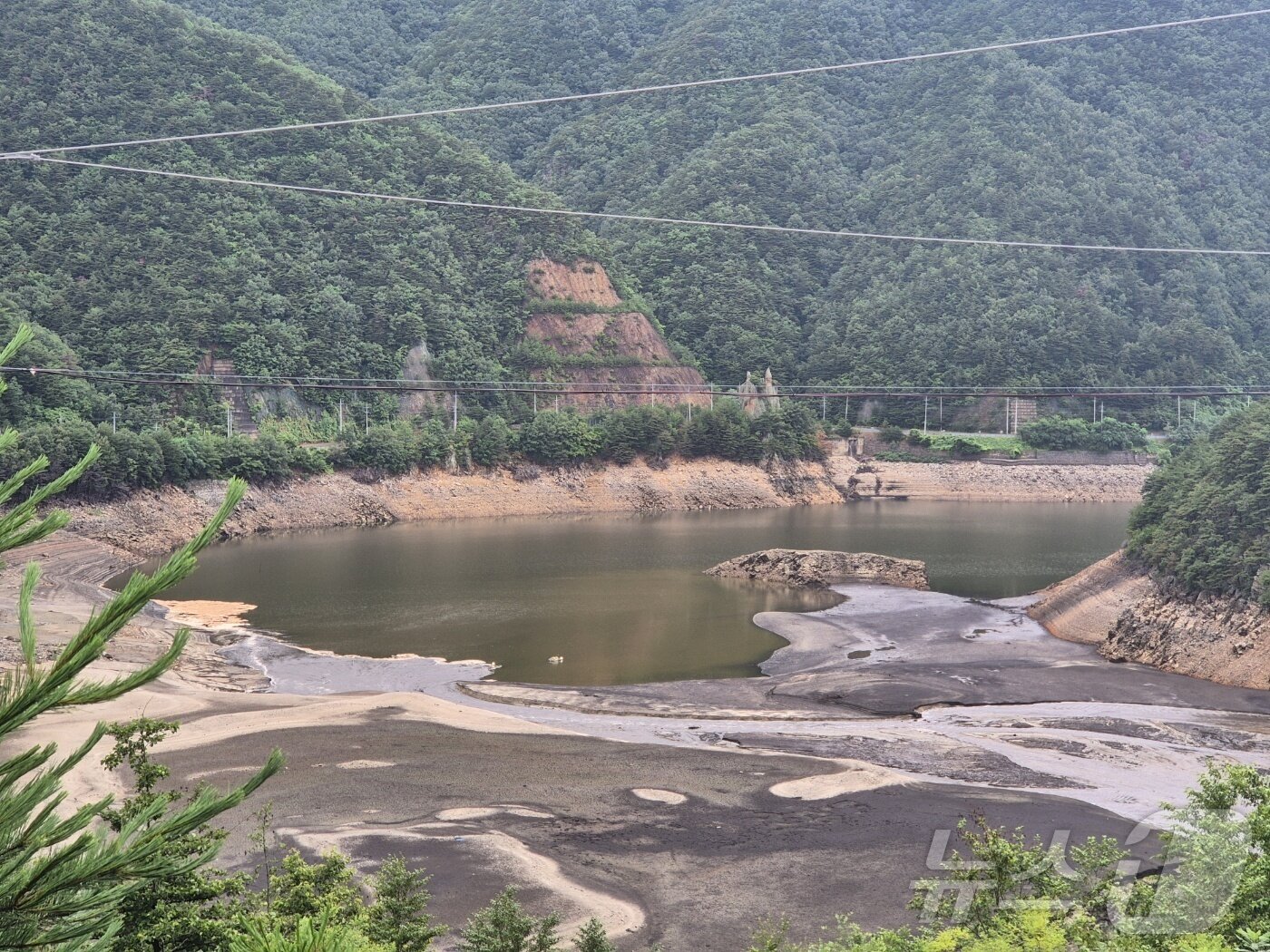 본문 이미지 - 15일 강원 강릉시 성산면 오봉리 오봉저수지 일대. 전날 강수에도 불구하고 저수지 수위가 여전히 낮고, 인근 하천의 유량도 크게 늘지 않은 모습이다. 농어촌공사에 따르면 이날 오봉저수지 저수율은 27.1%로, 전날(26.7%)보다 크게 늘지 않았다, 2025.7.15/뉴스1 ⓒ News1 윤왕근 기자