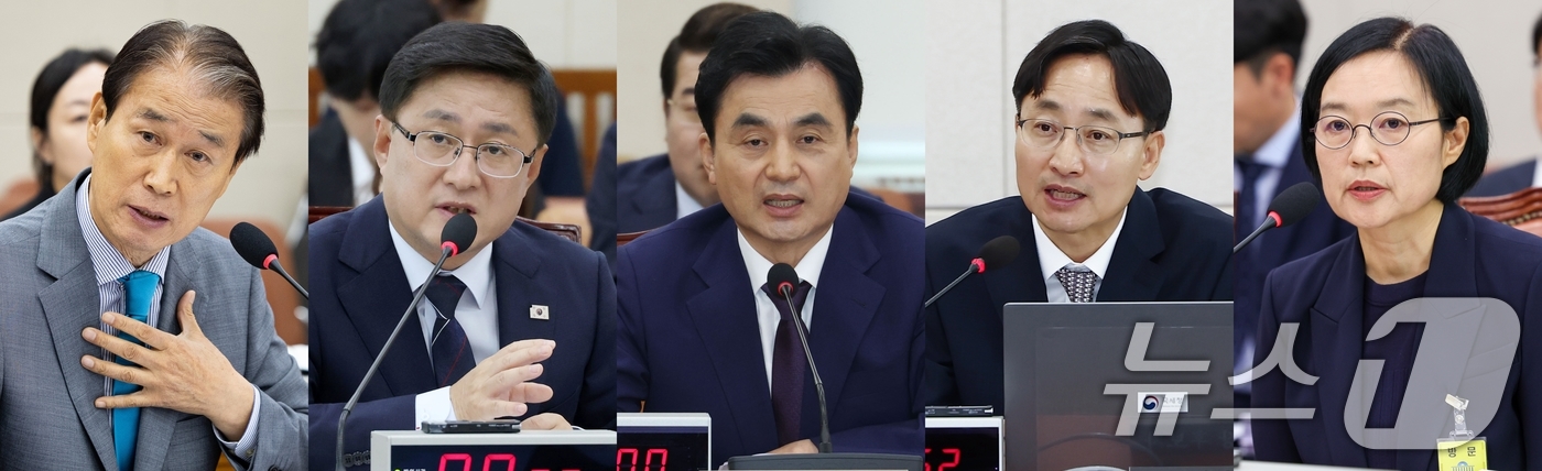 (서울=뉴스1) 이광호 유승관 안은나 김민지 기자 = 권오을 국가보훈부(왼쪽부터), 김성환 환경부, 안규백 국방부, 임광현 국세청장, 한성숙 중소벤처기업부 장관 후보자가 15일 서 …