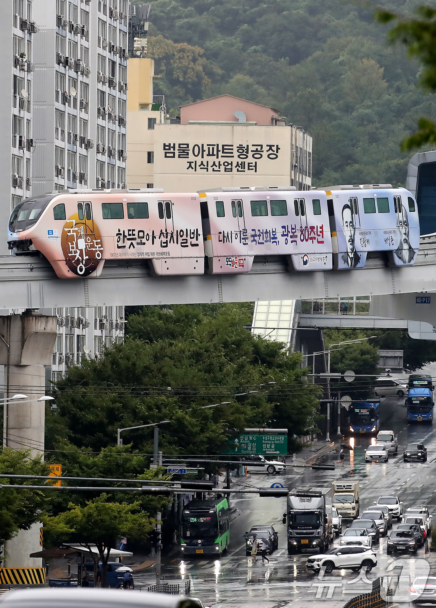 (대구=뉴스1) 공정식 기자 = 15일 오후 국채보상운동과 광복회 조직 등의 내용으로 꾸민 대구도시철도 3호선 '보훈테마열차'가 비 내리는 대구 도심을 달리고 있다.국가보훈부 대구 …