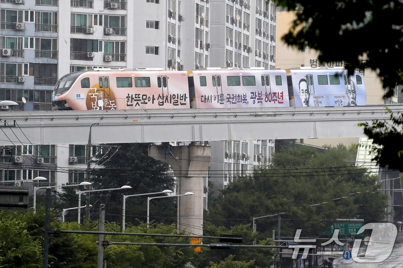 (대구=뉴스1) 공정식 기자 = 15일 오후 국채보상운동과 광복회 조직 등의 내용으로 꾸민 대구도시철도 3호선 '보훈테마열차'가 비 내리는 대구 도심을 달리고 있다.국가보훈부 대구 …