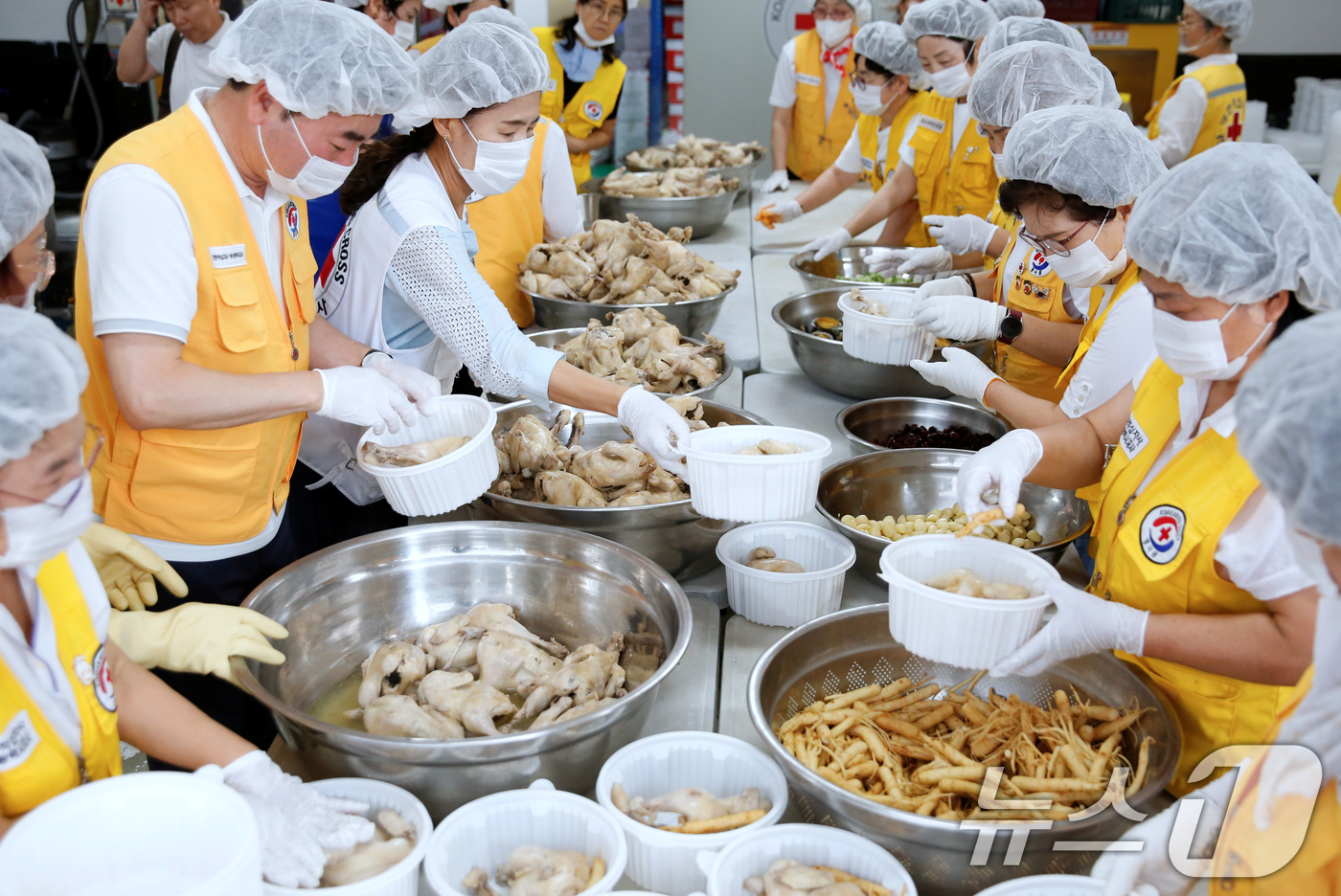 (부산=뉴스1) 윤일지 기자 = 초복을 앞둔 15일 부산진구 대한적십자사 부산지사 구호창고 앞에서 대한적십자사봉사회 부산진구협의회 봉사원들이 지역 내 취약계층 가정에 전달할 삼계탕 …