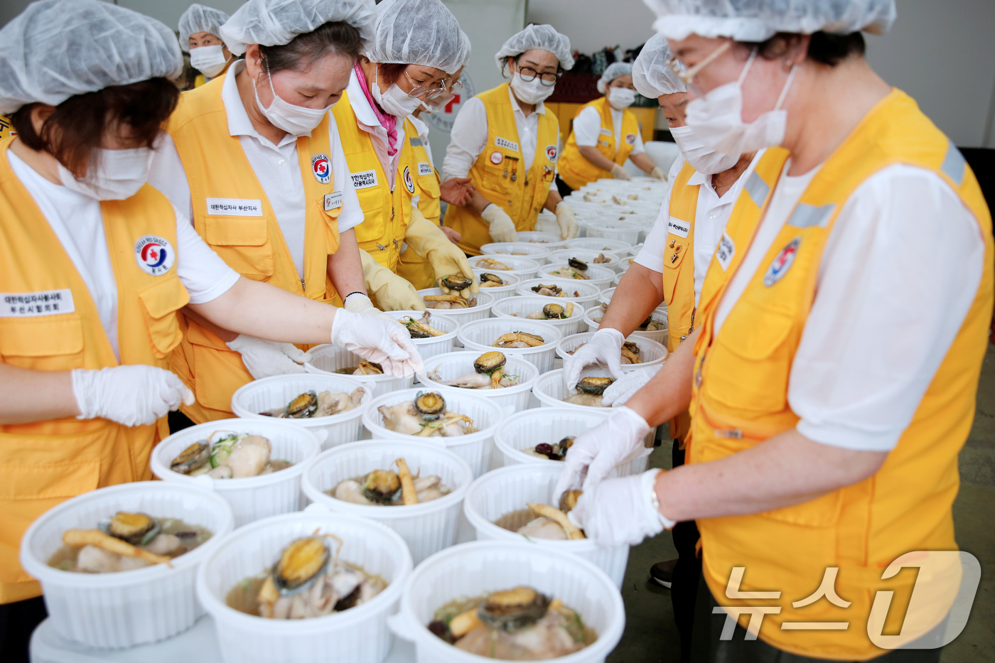 (부산=뉴스1) 윤일지 기자 = 초복을 앞둔 15일 부산진구 대한적십자사 부산지사 구호창고 앞에서 대한적십자사봉사회 부산진구협의회 봉사원들이 지역 내 취약계층 가정에 전달할 삼계탕 …