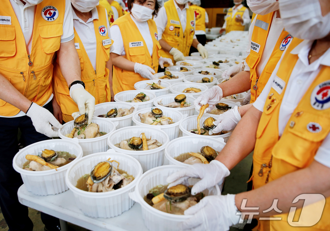 (부산=뉴스1) 윤일지 기자 = 초복을 앞둔 15일 부산진구 대한적십자사 부산지사 구호창고 앞에서 대한적십자사봉사회 부산진구협의회 봉사원들이 지역 내 취약계층 가정에 전달할 삼계탕 …