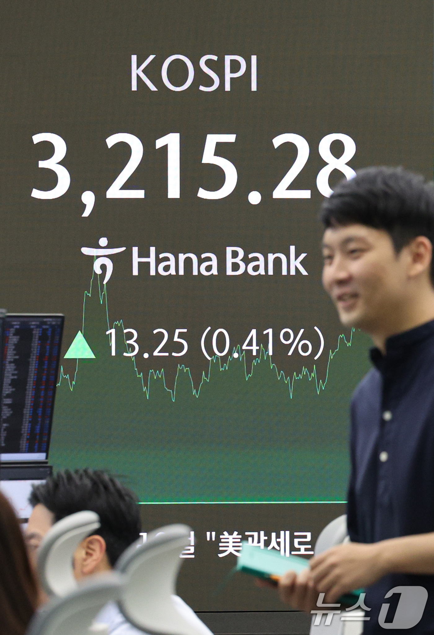 (서울=뉴스1) 신웅수 기자 = 15일 오후 서울 중구 하나은행 본점 딜링룸 전광판에 코스피 지수가 표시되고 있다.이날 코스피 지수는 전거래일 대비 13.25포인트(0.41%) 오 …