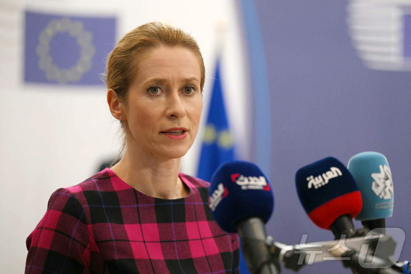 (브뤼셀 AFP=뉴스1) 김지완 기자 = 14일(현지시간) 카야 칼라스 유럽연합(EU) 외교안보 고위대표가 벨기에 브뤼셀에서 기자들의 질문에 답하고 있다. 2025.07.14ⓒ A …