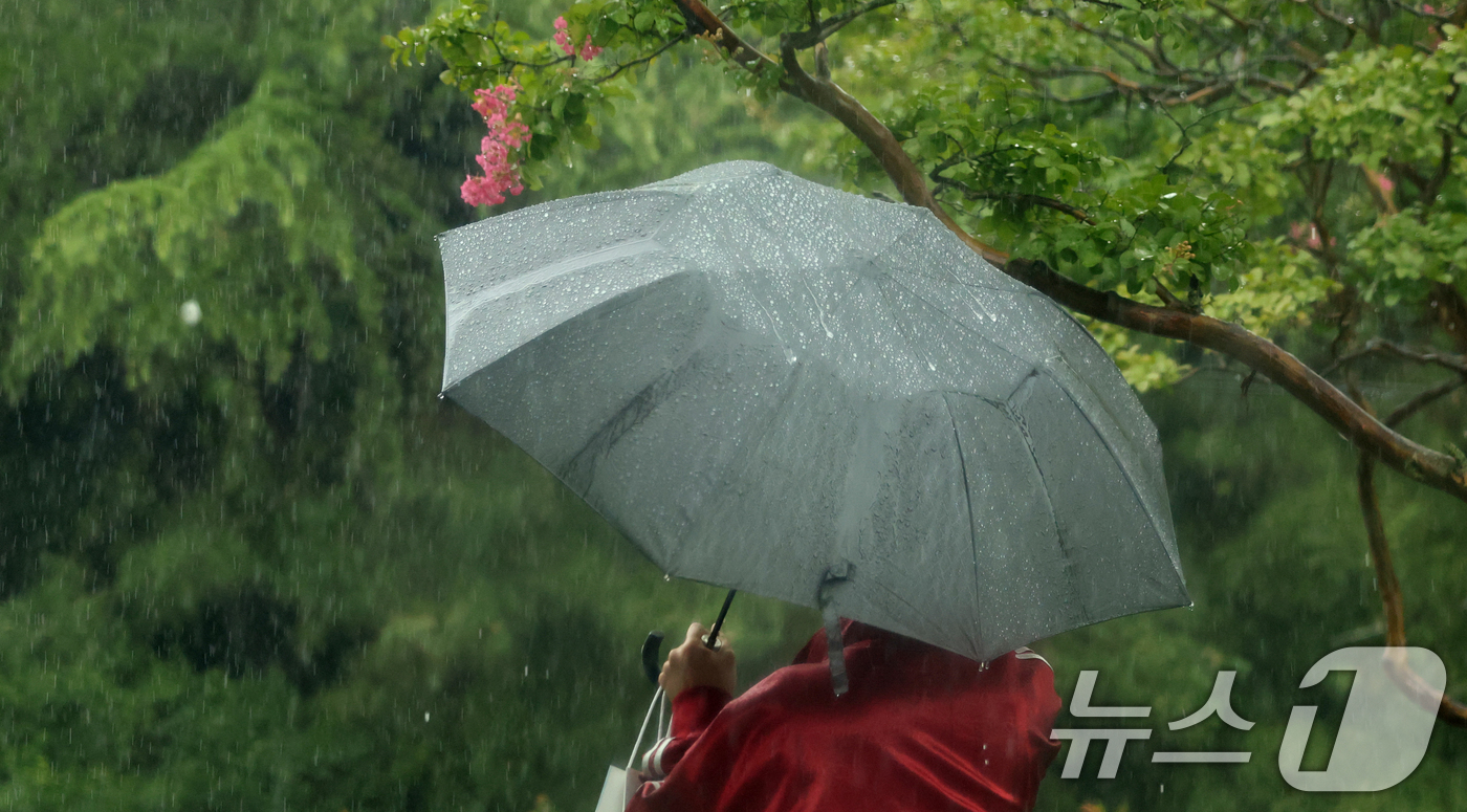 (전주=뉴스1) 유경석 기자 = 비가 내린 16일 전북 전주시 전북대학교 캠퍼스에서 우산을 쓴 시민들이 발걸음을 재촉하고 있다. 2025.7.16/뉴스1