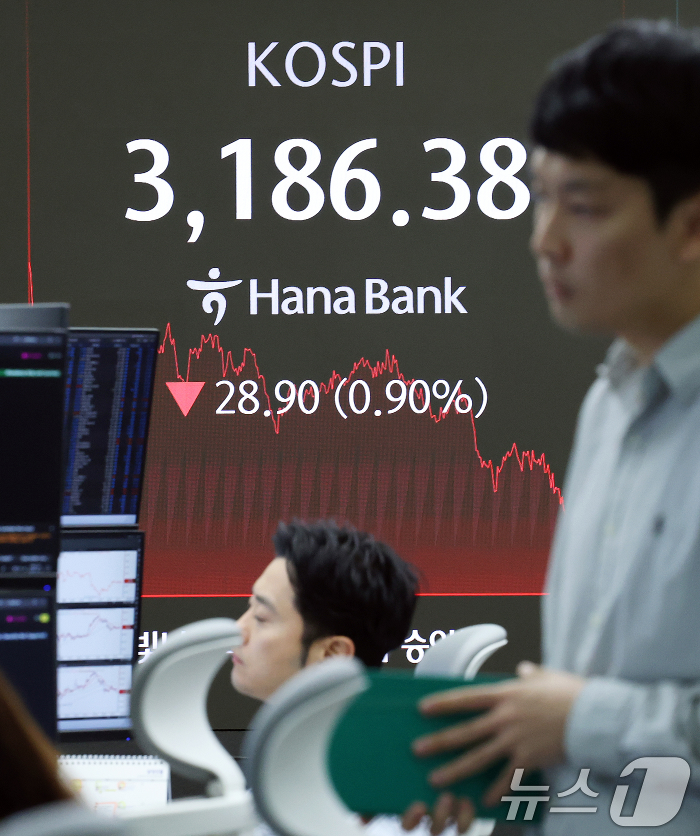 (서울=뉴스1) 오대일 기자 = 코스피가 상승 랠리를 멈추고 숨고르기에 들어간 16일 오후 서울 중구 하나은행 본점 딜링룸 전광판에 코스피 종가가 표시되고 있다. 이날 코스피는 전 …