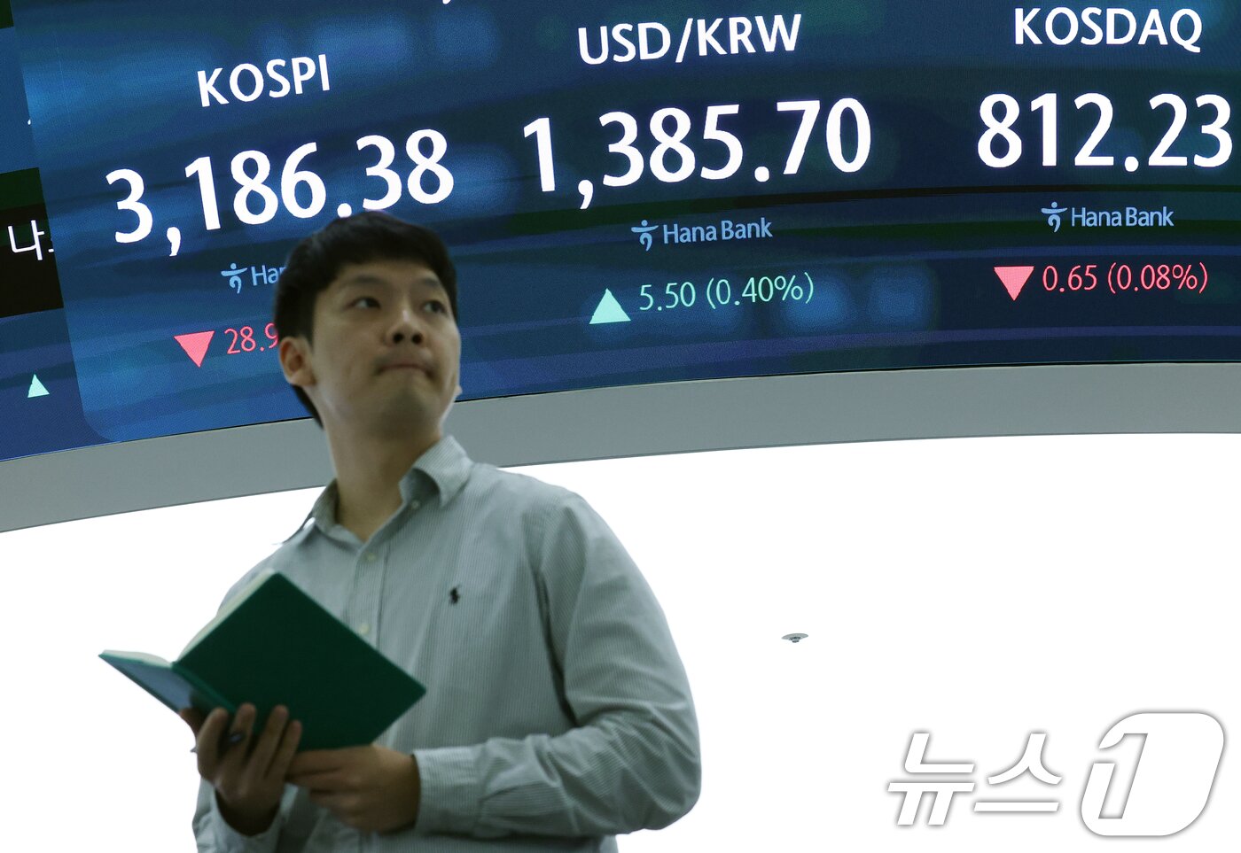 본문 이미지 - 서울 중구 하나은행 본점 딜링룸 전광판./뉴스1 ⓒ News1 오대일 기자
