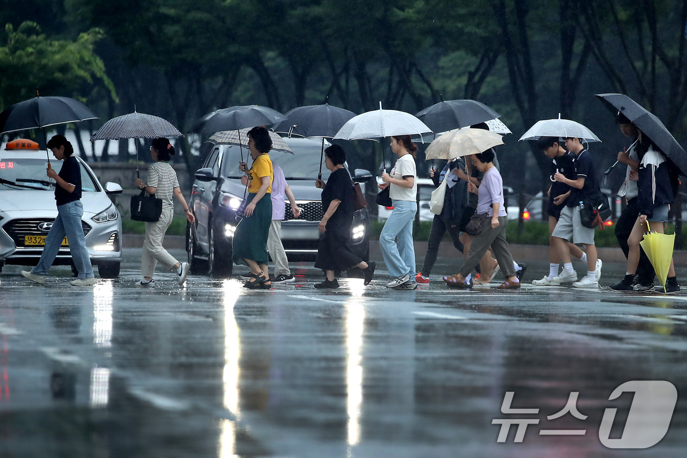 (대구=뉴스1) 공정식 기자 = 16일 오후 비가 내리는 대구 수성구 달구벌대로에서 우산을 쓴 시민들이 발걸음을 옮기고 있다. 2025.7.16/뉴스1