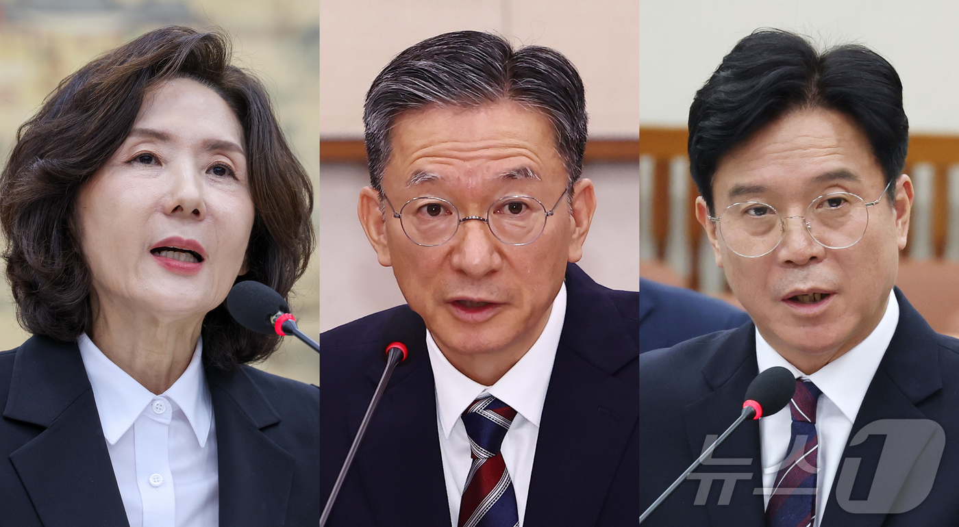 (서울=뉴스1) 안은나 김민지 이광호 기자 = 이진숙 사회부총리 겸 교육부 장관(왼쪽부터), 정성호 법무부 장관, 김영훈 고용노동부 장관 후보자가 16일 오후 서울 여의도 국회에서 …
