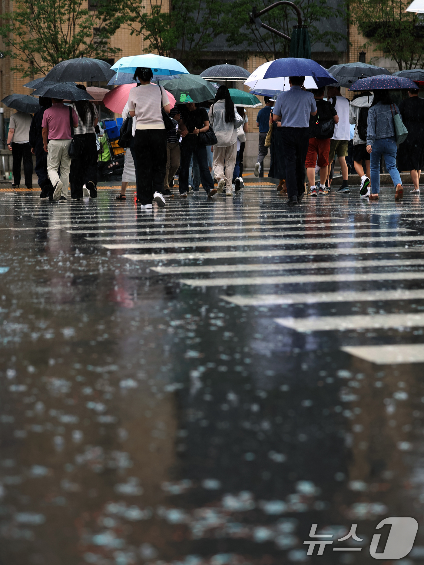 (서울=뉴스1) 황기선 기자 = 비가 내린 16일 오후 서울 종로구 광화문광장에서 우산을 쓴 시민들이 퇴근길 발걸음을 재촉하고 있다. 2025.7.16/뉴스1