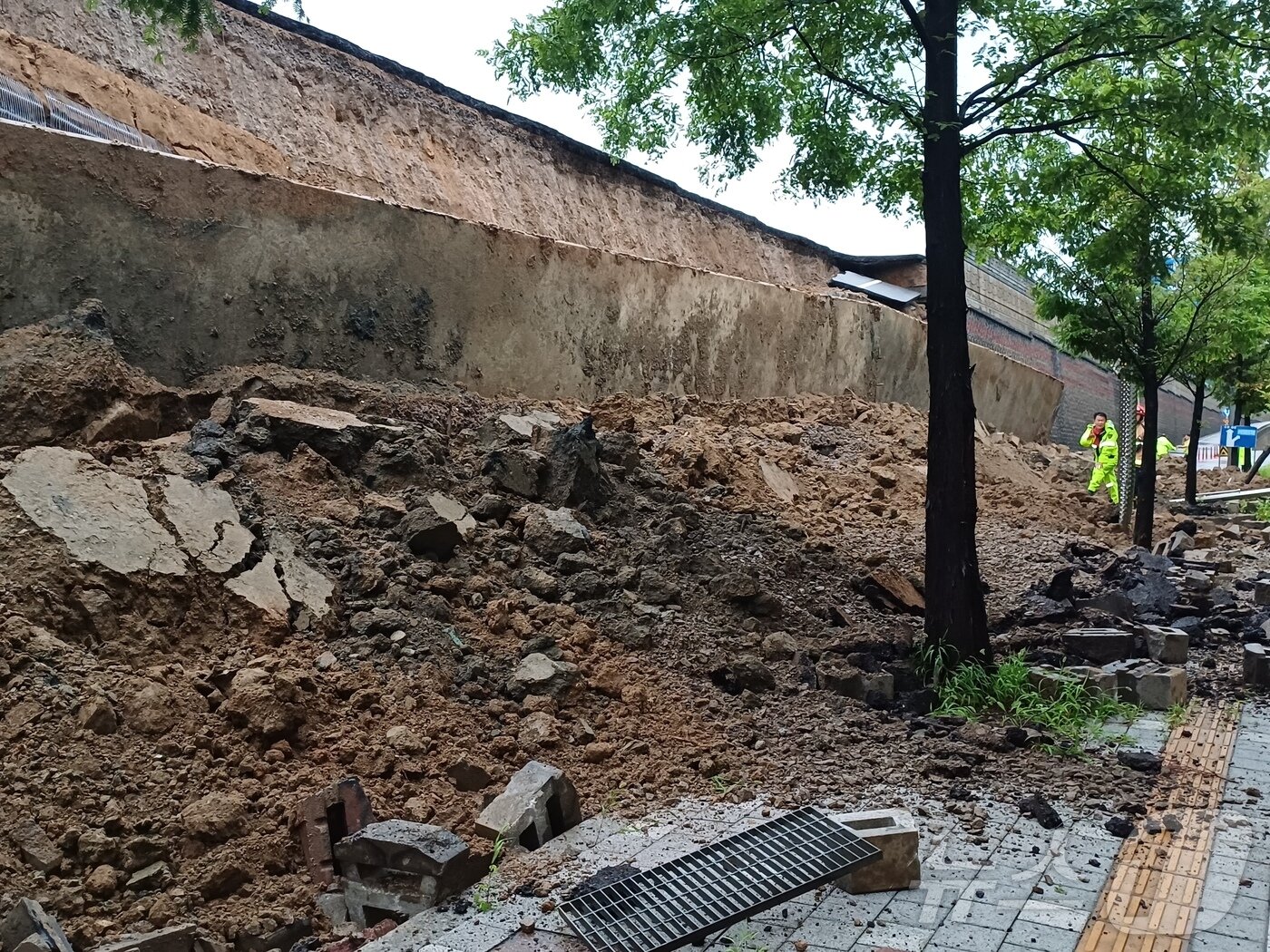 본문 이미지 - 16일 오후 경기 오산시 가장교차로 고가도로 옹벽이 무너져 소방관들이 매몰된 차량 구조작업을 하고 있다. &#40;경기도소방재난본부 제공. 재판매 및 DB 금지&#41; 2025.7.16/뉴스1 ⓒ News1 김기현 기자