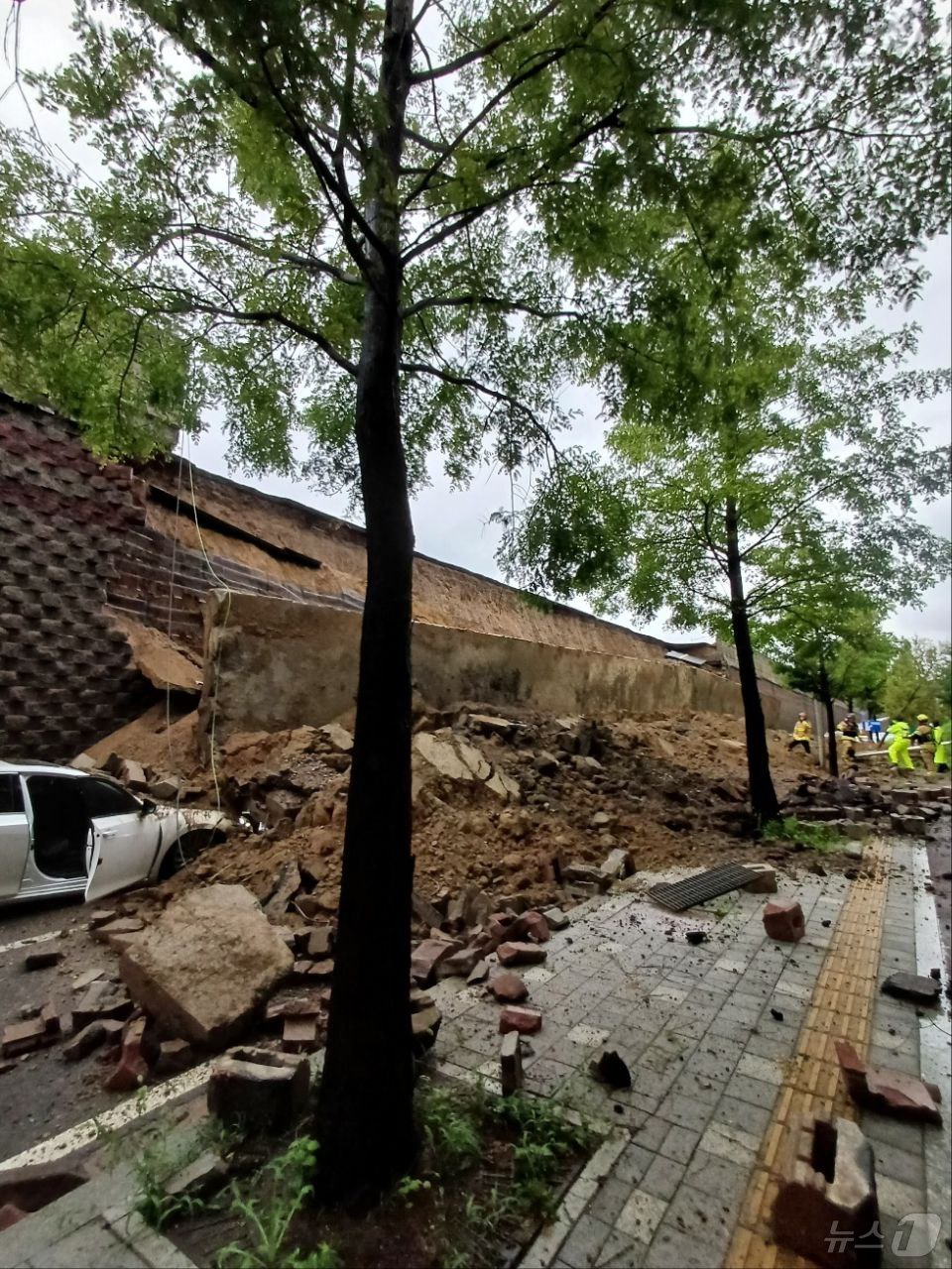 (오산=뉴스1) 김기현 기자 = 16일 오후 경기 오산시 가장교차로 고가도로 옹벽이 무너져 소방관들이 매몰된 차량 구조작업을 하고 있다. (경기도소방재난본부 제공. 재판매 및 DB …