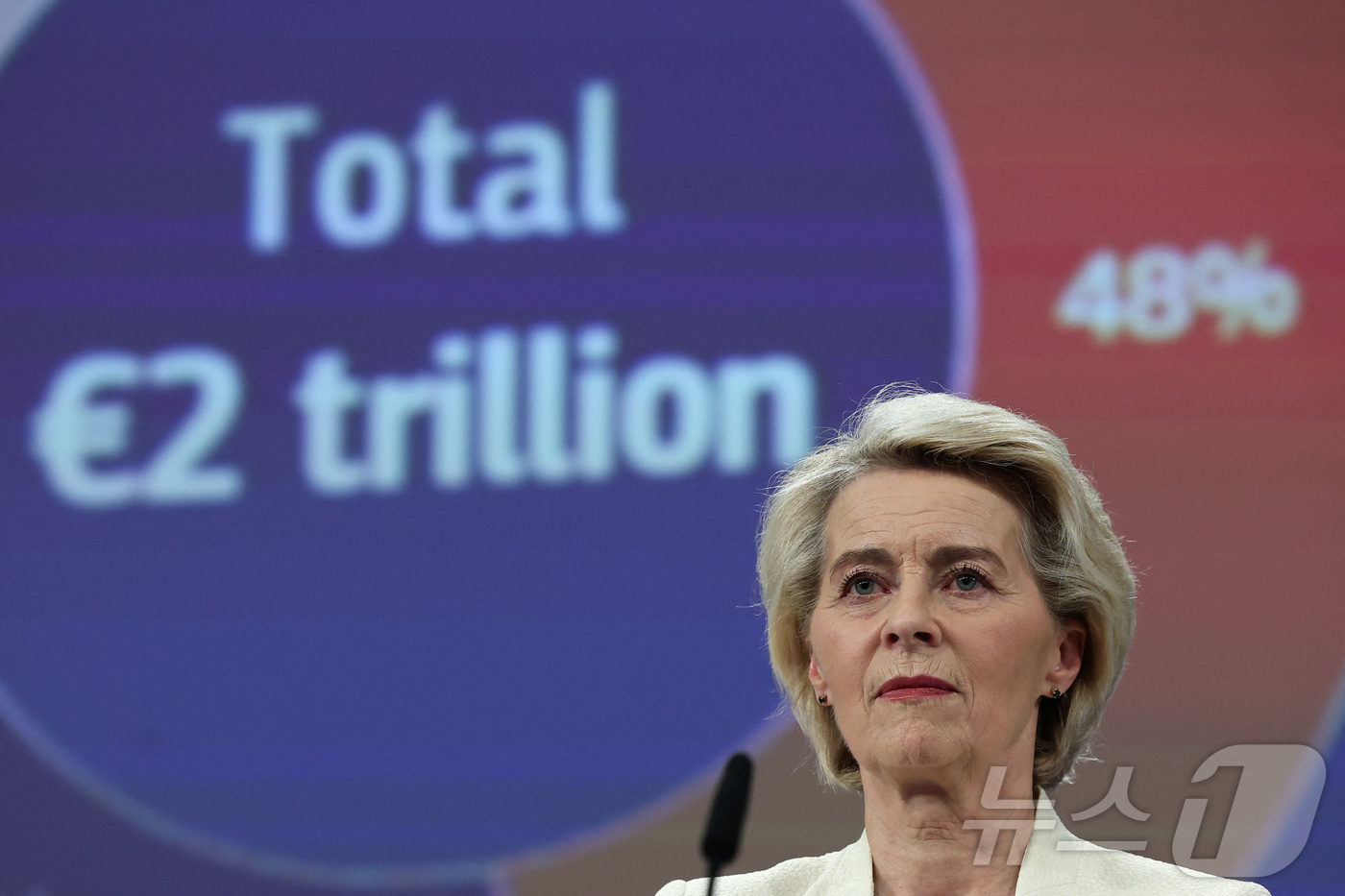 (브뤼셀 로이터=뉴스1) 윤다정 기자 = 16일(현지시간) 우르줄라 폰데어라이엔 유럽연합(EU) 집행위원장이 벨기에 브뤼셀에서 열린 2028~2034년 EU '다년간 지출예산(MF …