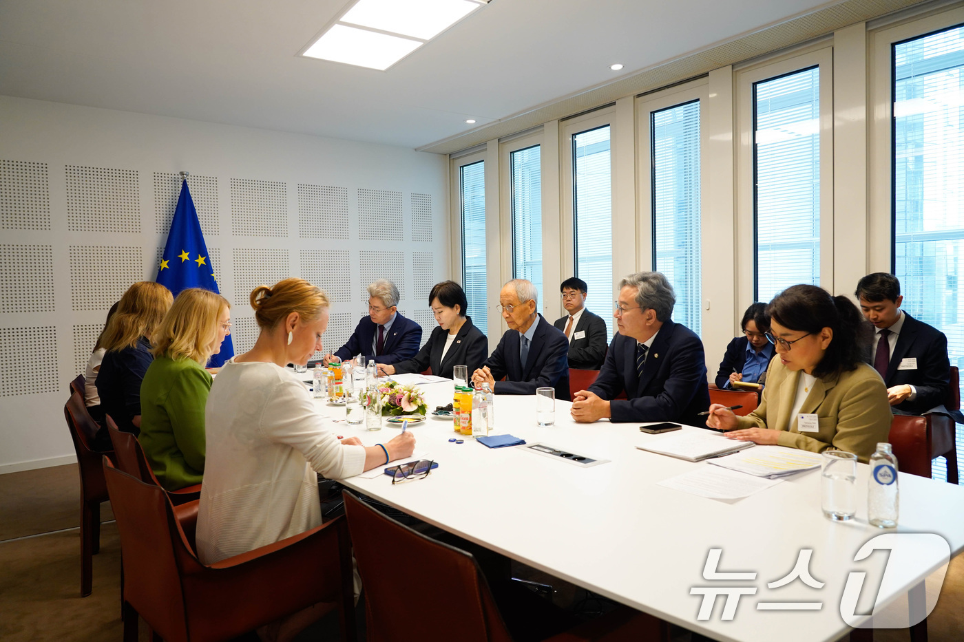 (서울=뉴스1) = 윤여준 대통령 유럽연합(EU) 특사단 단장이 16일(현지시간) 벨기에 브뤼셀 유럽의회에서 크리스텔 샬데모세 유럽의회 부의장과 면담하고 있다. (외교부 제공. 재 …