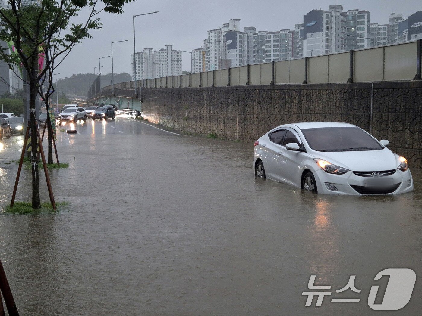 본문 이미지 - 폭우가 내리고 있는 17일 충남 당진 탑동사거리가 침수돼 차량이 통제되고 있다. &#40;당진시 제공, 재판매 및 DB 금지&#41; 2025.7.17/뉴스1 ⓒ News1 김태완 기자