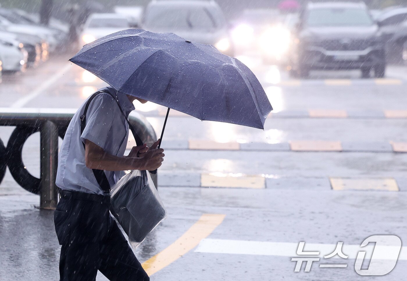 본문 이미지 - 폭우가 쏟아진 17일 오전 서울 서초구 서울중앙지법 인근에서 우산 쓴 시민들이 출근을 하고 있다. 2025.7.17/뉴스1 ⓒ News1 박지혜 기자