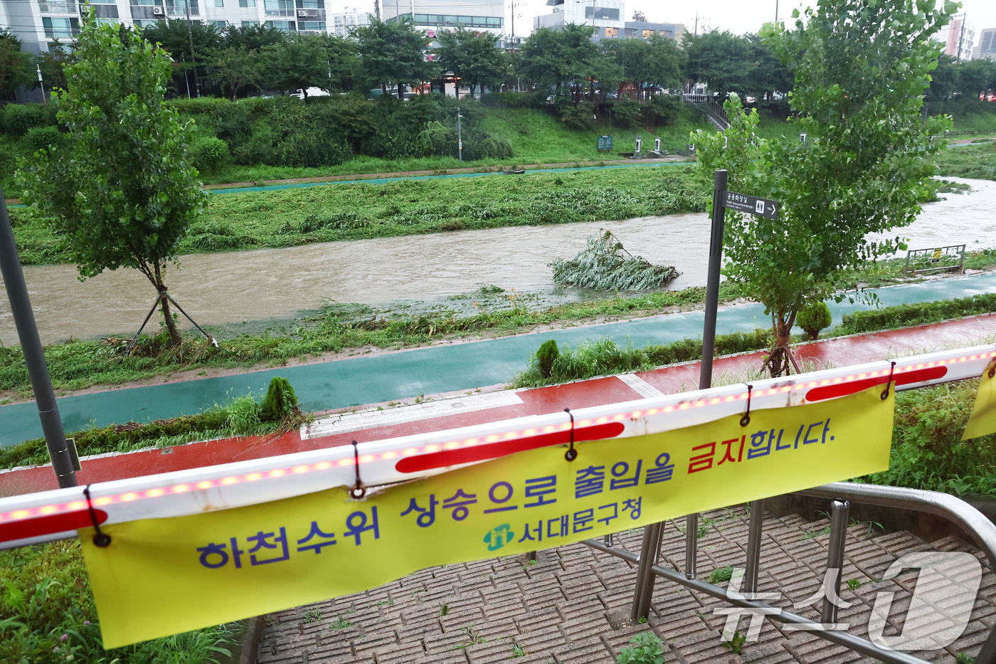 (서울=뉴스1) 김민지 기자 = 전국에 강한 비가 내리는 17일 오전 서울 서대문구 불광천 일대 하천 출입이 통제되고 있다.앞서 서울시는 이날 오전 7시 기준 불광천, 홍제천, 청 …