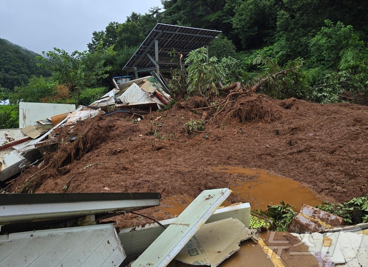본문 이미지 - 17일 오전 9시34분쯤 청양군 대치면 주정리에서 산사태가 발생했다. 소방당국은 산사태로 무너진 흙더미에 매몰된 것으로 추정된 주민 2명을 구조했다. 사진은 산사태 사고 현장. &#40;청양군 제공. 재판매 및 DB금지&#41;2025.7.17/뉴스1 ⓒ News1 이동원 기자