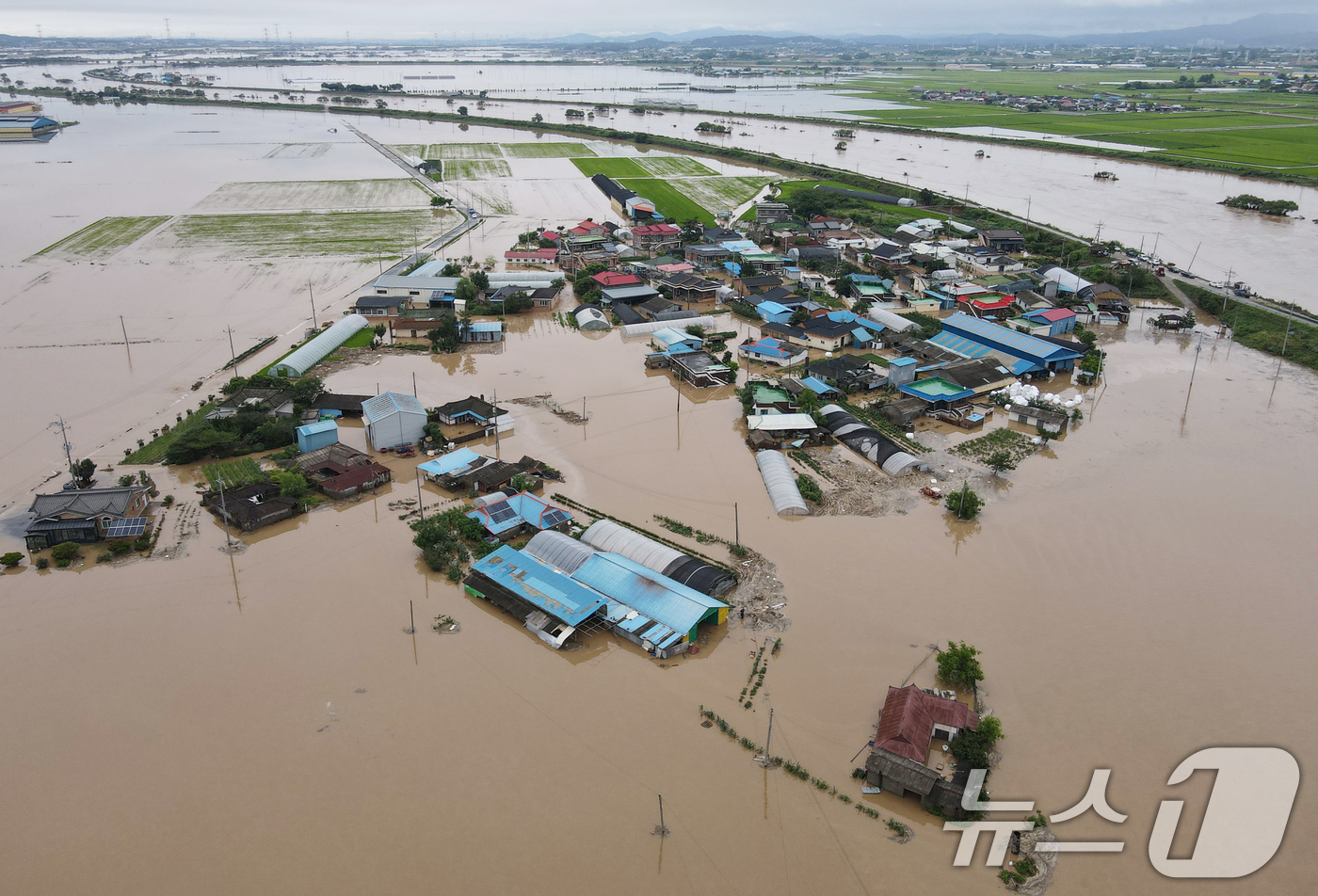 (예산=뉴스1) 김기태 기자 = 17일 오전 충남 예산군 삽교읍 용동3리 마을이 밤사이 내린 집중호우에 침수돼 있다. 2025.7.17/뉴스1